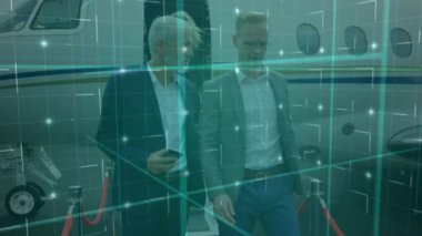 Animation of neon 3d abstract structures against team of businesspeople walking out of an plane. Business technology concept