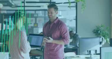 Animation of statistics and financial data processing over business people working in office. Global business, finance, computing and data processing concept digitally generated video.