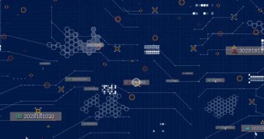 Animation of social media icons with numbers over data processing. Global social media, technology and digital interface concept digitally generated video.