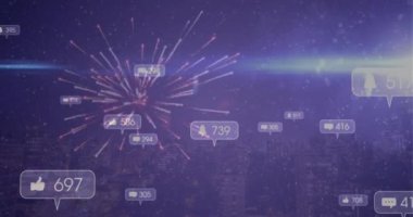Animation of social media icons with numbers over fireworks and cityscape. Global social media, technology and digital interface concept digitally generated video.