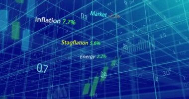 Animation of business text and data processing over grid. Global online security, business, finance, computing and data processing concept digitally generated video.