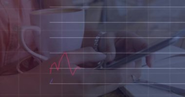 Animation of financial data processing over caucasian woman using smartphone. Global business, finances and digital interface concept digitally generated video.