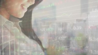 Animation of financial data processing over caucasian woman using smartphone. Global business, finance, computing and data processing concept digitally generated video.