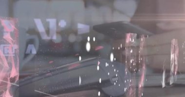 Animation of icons and data processing over woman paying with smartphone. Global business, finance, computing and data processing concept digitally generated video.