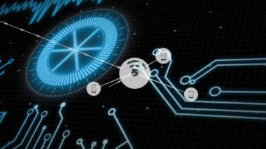 Animation of data processing and network of connections over black background. Global business and digital interface concept digitally generated video.