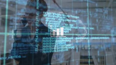 Animation of financial data processing over caucasian businesswoman using smartphone. Global business, finance, computing and data processing concept digitally generated video.