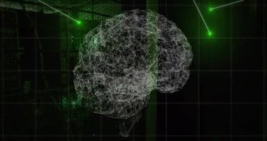 Animation of connections and digital brain over server room. Global technology, online security and digital interface concept digitally generated video.