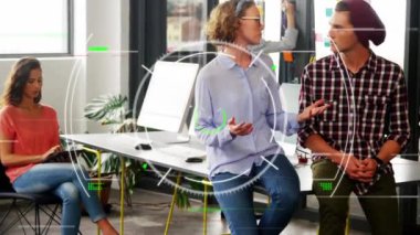 Animation of scope scanning and data processing over diverse business people in office. Global business, finance, computing and data processing concept digitally generated video.