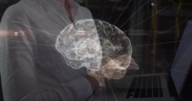 Animation of connections and digital brain over caucasian woman in server room. Global technology, online security and digital interface concept digitally generated video.