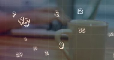 Animation of financial data processing and numbers over woman using laptop. Global business, finance, computing and data processing concept digitally generated video.