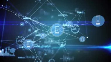 Animation of data processing with network of connections and statistics. Global networks, computing and data processing concept digitally generated video.