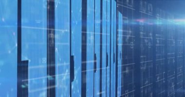 Mavi arkaplanda hareket eden şekillerin animasyonu. Küresel iş ve dijital arayüz kavramı dijital olarak oluşturulmuş video.