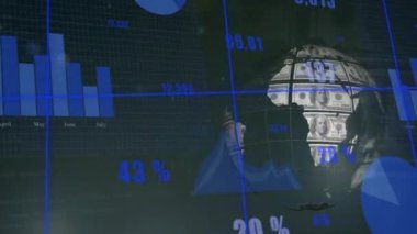 Animation of globe formed with american dollar bills and financial data processing. Global business, finance, computing and data processing concept digitally generated video.