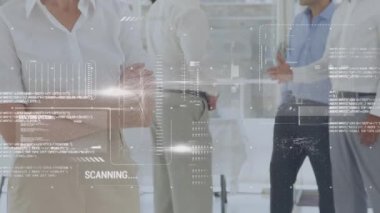 Animation of statistics and financial data processing over diverse business people. Global business, finance, computing and data processing concept digitally generated video.