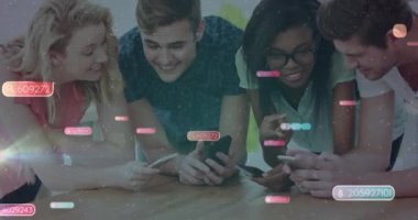 Animation of social media icons with numbers over diverse people using smartphones. Global social media, technology and digital interface concept digitally generated video.