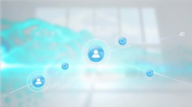 Animation of network of connections over blurred background. Global business and digital interface concept, digitally generated video.