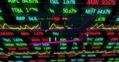 Şebeke üzerinde finansal veri işleme animasyonu. Küresel iş, finans, bilgisayar ve veri işleme kavramı dijital olarak oluşturulmuş video.