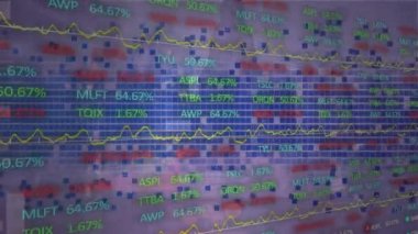 Animation of financial data processing over blue squares. Global connections, business, finance, computing and data processing concept digitally generated video.