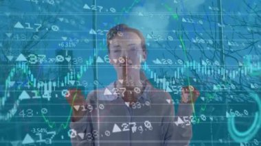 Animation of financial data processing over caucasian businesswoman. Global business, finance, computing and data processing concept digitally generated video.