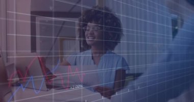 Animation of statistics and financial data processing over business people working in office. Global business, finance, computing and data processing concept digitally generated video.