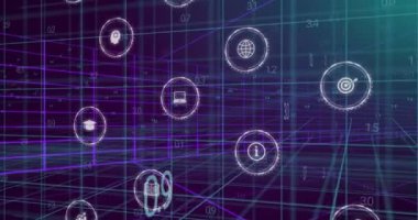 Animation of icons and data processing over blue background. Global education, science and digital interface concept digitally generated video.