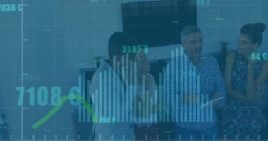 Animation of green line, statistics and financial data processing over diverse business people. Global business, finance, computing and data processing concept digitally generated video.
