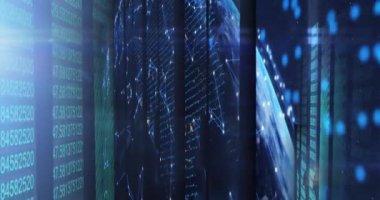 Animation of moving shapes and data processing on black background. Global business and digital interface concept digitally generated video.
