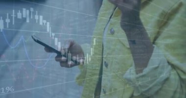 Animation of graphs and trading board over biracial woman listening to music on smartphone. Digital composite, multiple exposure, report, business, stock market and technology concept.