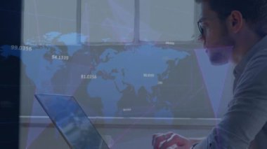 Animation of data processing and world map over caucasian businessman in office. Global business and digital nterface concept, digitally generated video.