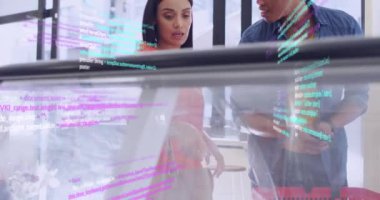 Animation of data processing over diverse couple shopping. Global business and digital interface concept digitally generated video.