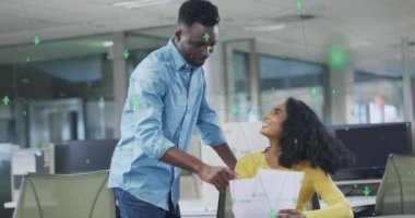 Animation of connections and data processing over diverse business people discussing work at office. Global business, finances and digital interface concept digitally generated video.