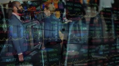 Animation of data processing over diverse business people at airport. Global business travel, finance and data processing concept digitally generated video.