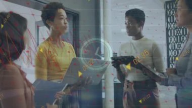 Animation of clock and financial data processing over business people in office. Global business, finance, computing and data processing concept digitally generated video.