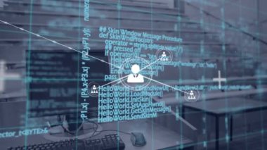 Animation of network of connections over office and data processing. Global business and digital interface concept digitally generated video.
