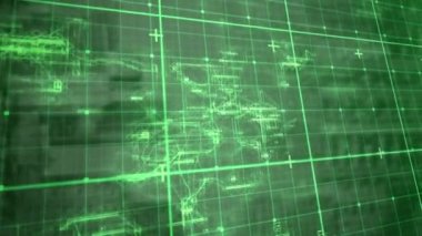 Animation of illuminated grid over moving green abstract pattern in background. Digitally generated, hologram, illustration, design, vector, communication and technology concept.