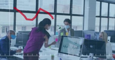 Animation of financial data processing over diverse business people wearing face masks at office. Global business, finances and pandemic concept digitally generated video.
