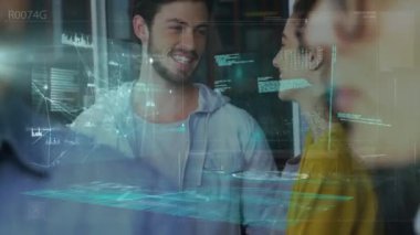 Animation of financial data processing over diverse business people having meeting. Global business, finances and digital interface concept digitally generated video.