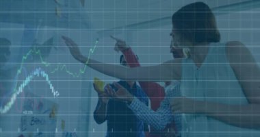 Animation of statistics and financial data processing over diverse business people. Global business, finance, computing and data processing concept digitally generated video.