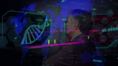 Animation of financial data processing and world map over caucasian businessman. Global technology, finances and digital interface concept digitally generated video.