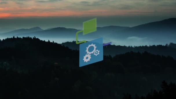 Animation Flow Chart Icons Aerial View Silhouette Forest Mountains Digital — Stockvideo