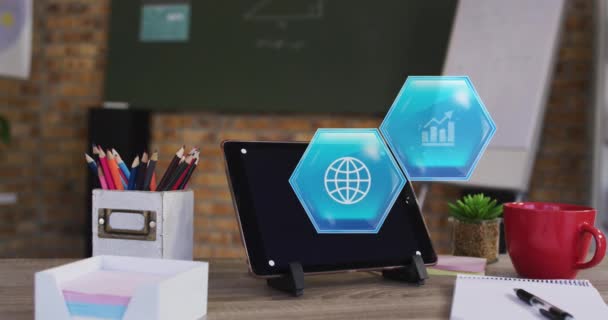 Animation Icons Tablet Copy Space Desk Global Education Science Digital — Vídeo de Stock