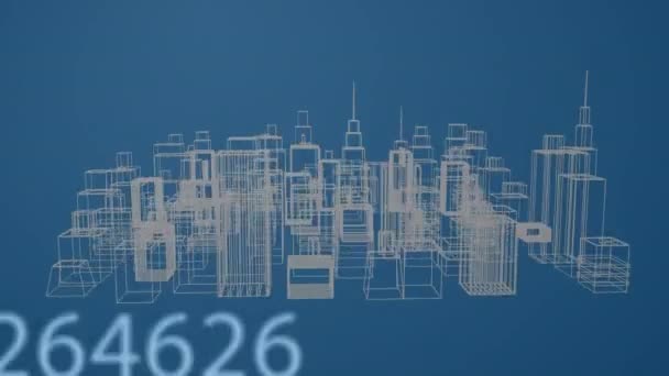 Animation Multiple Changing Numbers City Model Spinning Blue Background Computer — Video Stock