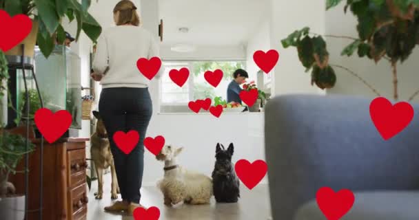 Animation Hearts Caucasian Female Couple Pet Dog Valentines Love Celebration — Wideo stockowe