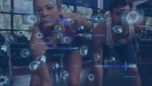 Animering Databehandling Över Personer Som Lyfter Vikter Utövar Gym Globalt — Stockvideo