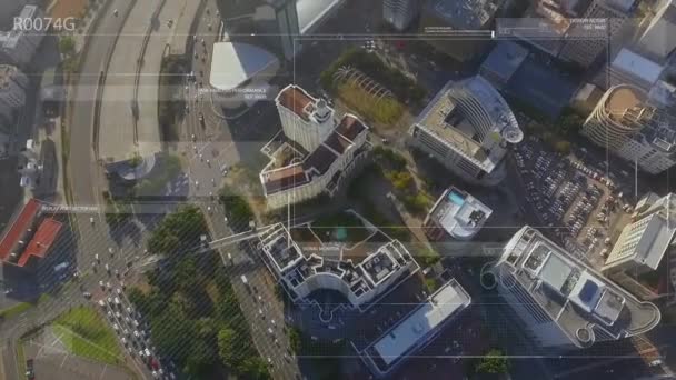 Animation Texts Line Moving Geometric Shapes Aerial View Modern City — Video