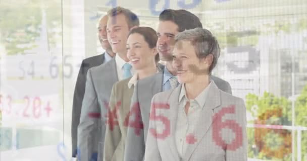 Animation Trading Board Diverse Smiling Coworkers Standing Row Office Digital — Vídeo de Stock