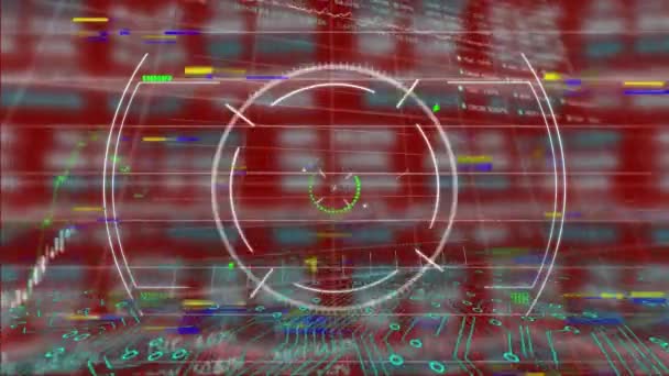 赤の背景に円のアニメーション 回路基板パターンとトレーディングボードを持つグラフ デジタル生成 ホログラム レポート 株式市場 マザーボード ビジネスと技術の概念 — ストック動画