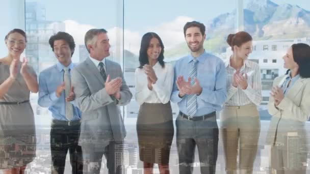 Animation Aerial View Cityscape Diverse Coworkers Standing Row Clapping Office — Stock videók