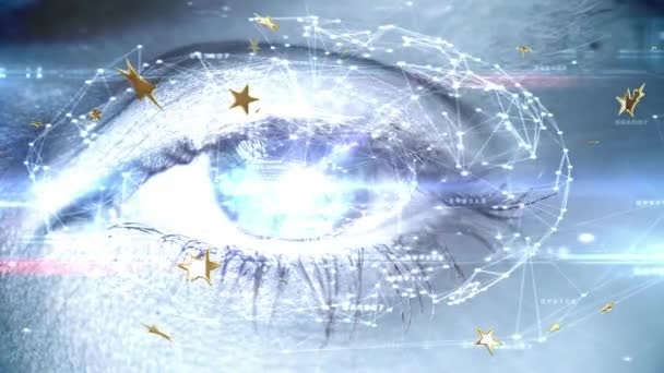 Animation Dots Forming Globe Stars Close Blue Human Eye Background — Stockvideo