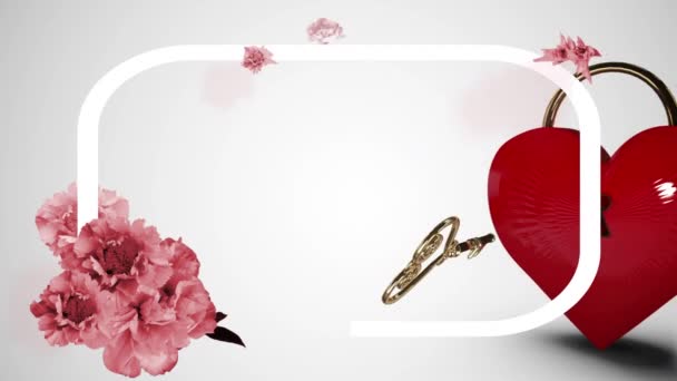 白い背景にキーを持つハート型の南京錠上の花やフレームのアニメーション バレンタインデーとお祝いのコンセプトデジタル生成ビデオ — ストック動画